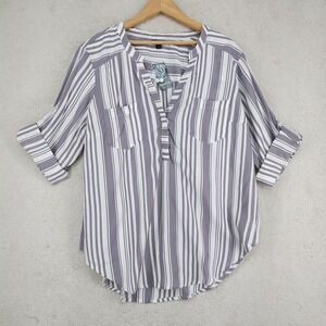 Torrid Blouse Womens 1 Harper Striped Tunic Roll Tab Sleeve Pockets Purple